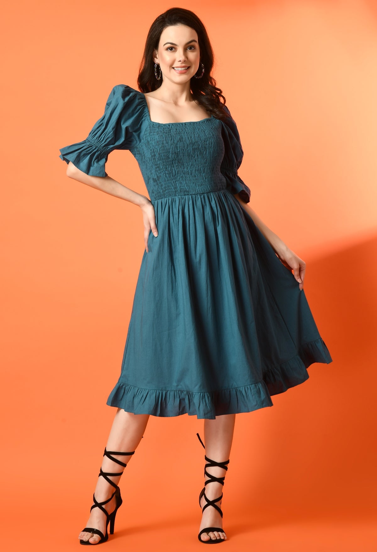 Women Gathered Dark Green Midi/Calf Length Dress