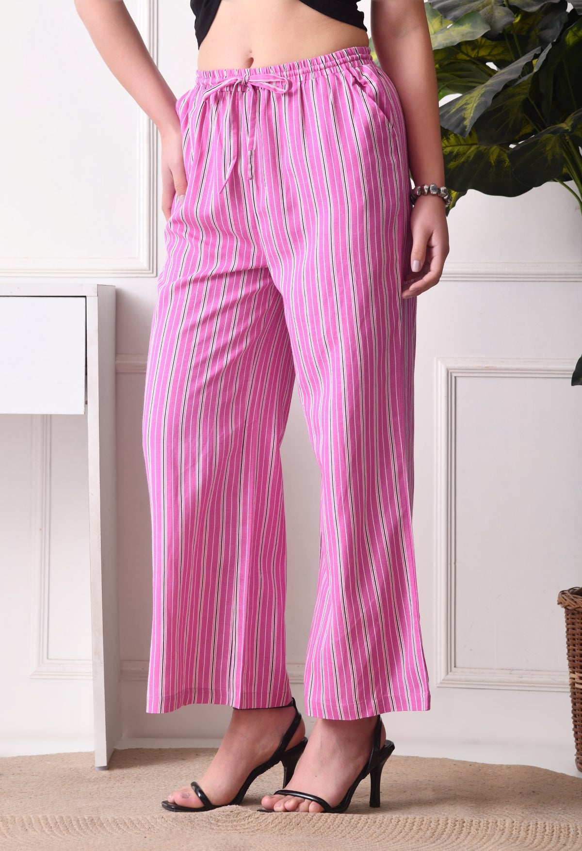 Women Loose Fit Pink Pure Cotton Trousers