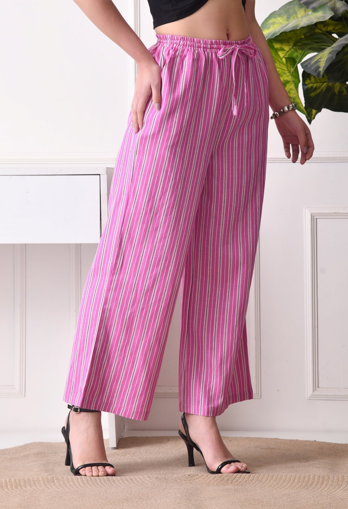 Women Loose Fit Pink Pure Cotton Trousers