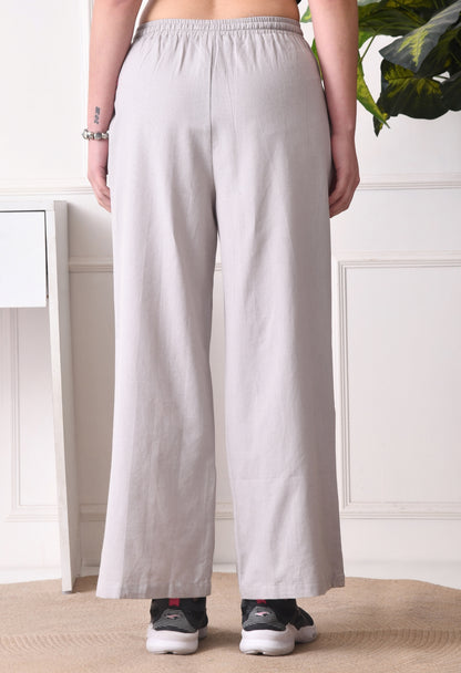 Women Loose Fit Grey Pure Cotton Trousers
