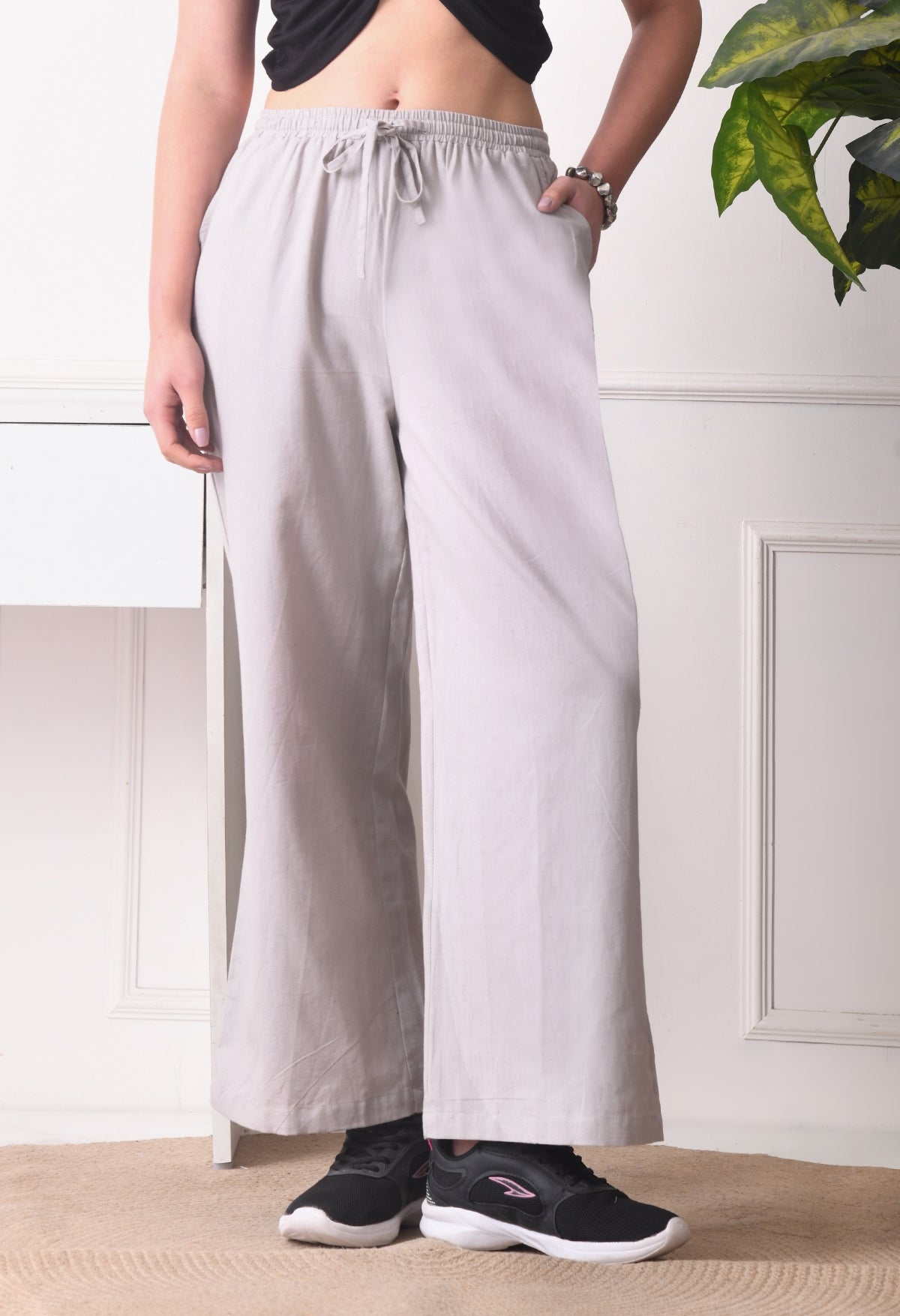 Women Loose Fit Grey Pure Cotton Trousers