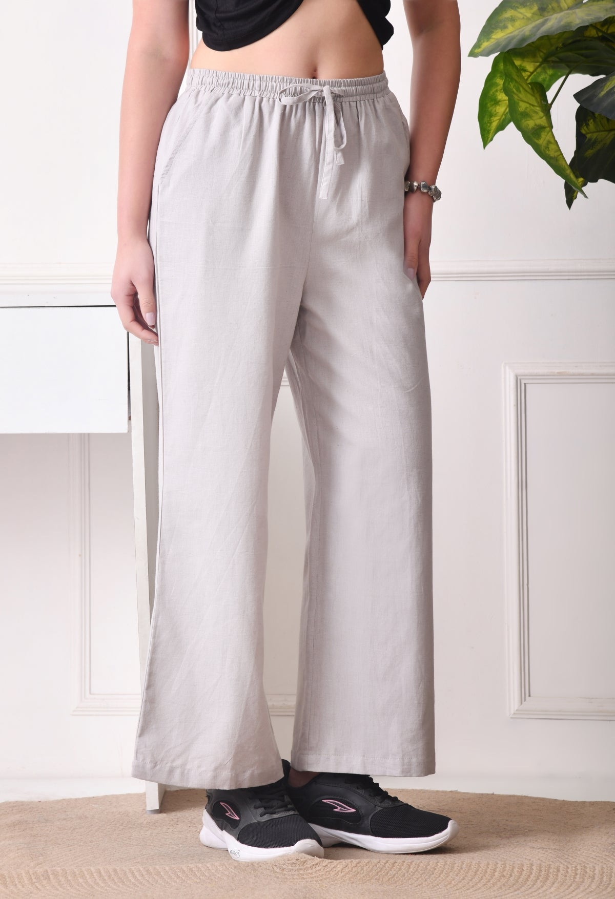 Women Loose Fit Grey Pure Cotton Trousers
