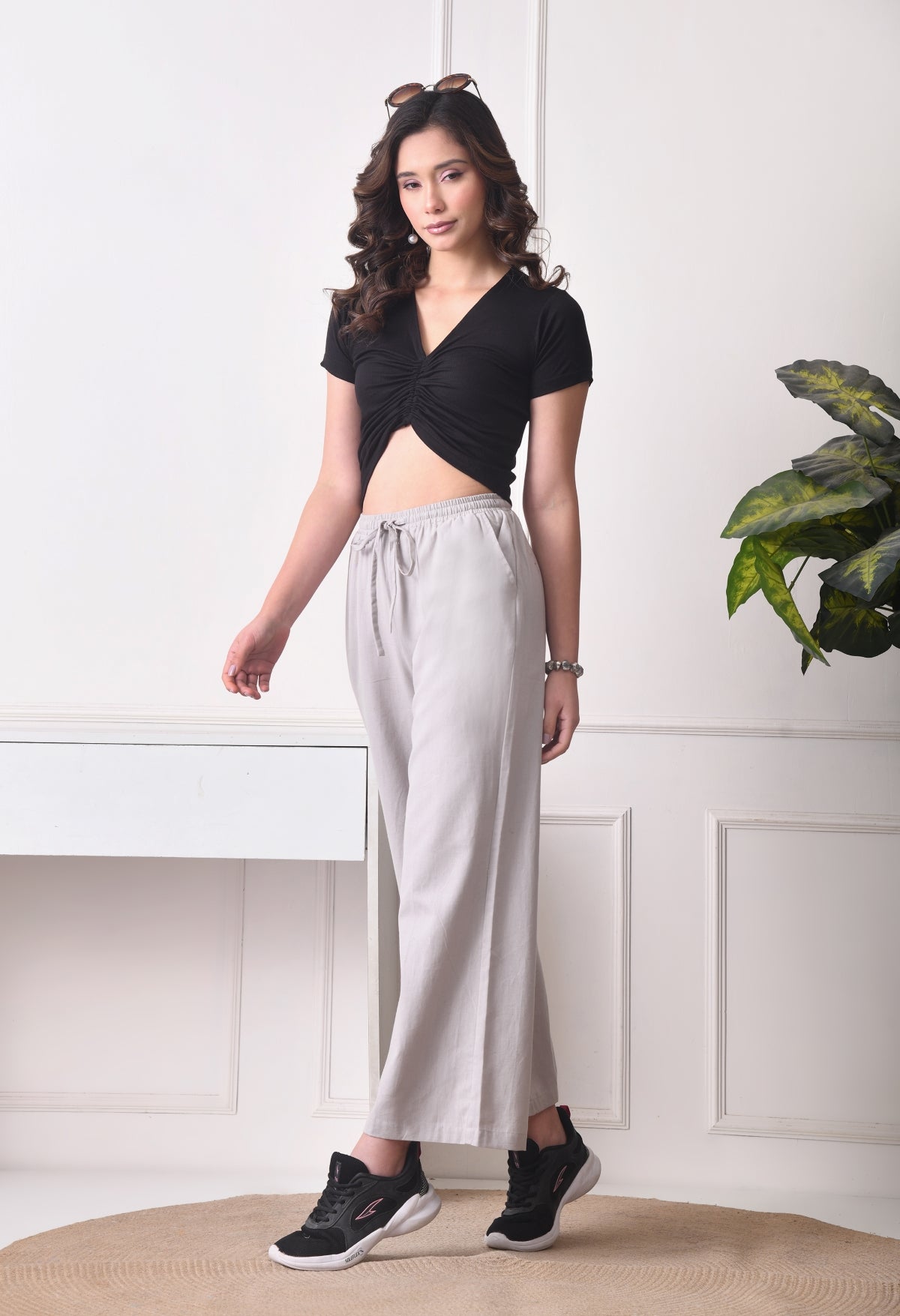 Women Loose Fit Grey Pure Cotton Trousers