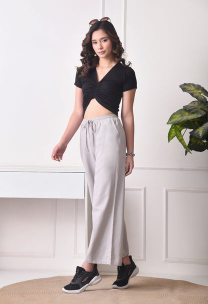Women Loose Fit Grey Pure Cotton Trousers