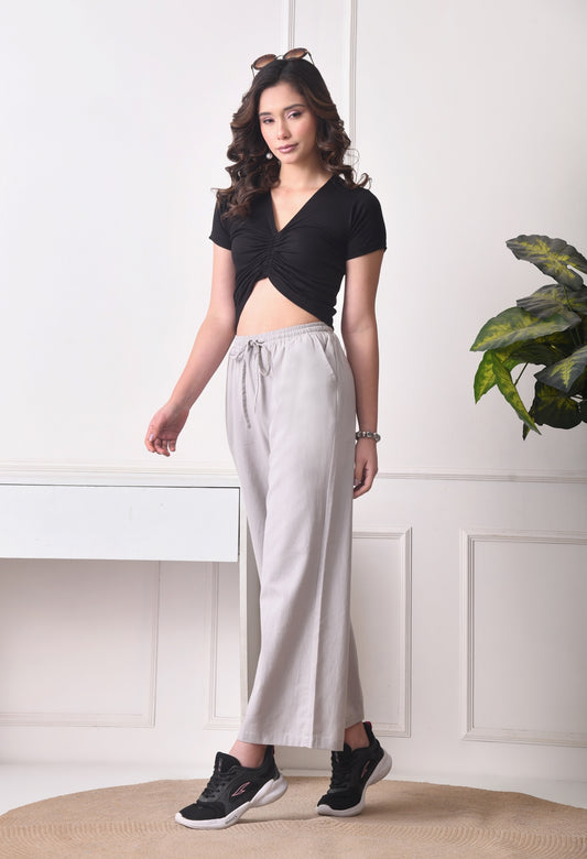 Women Loose Fit Grey Pure Cotton Trousers