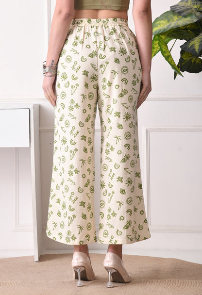 Women Loose Fit Cream Pure Cotton Trousers