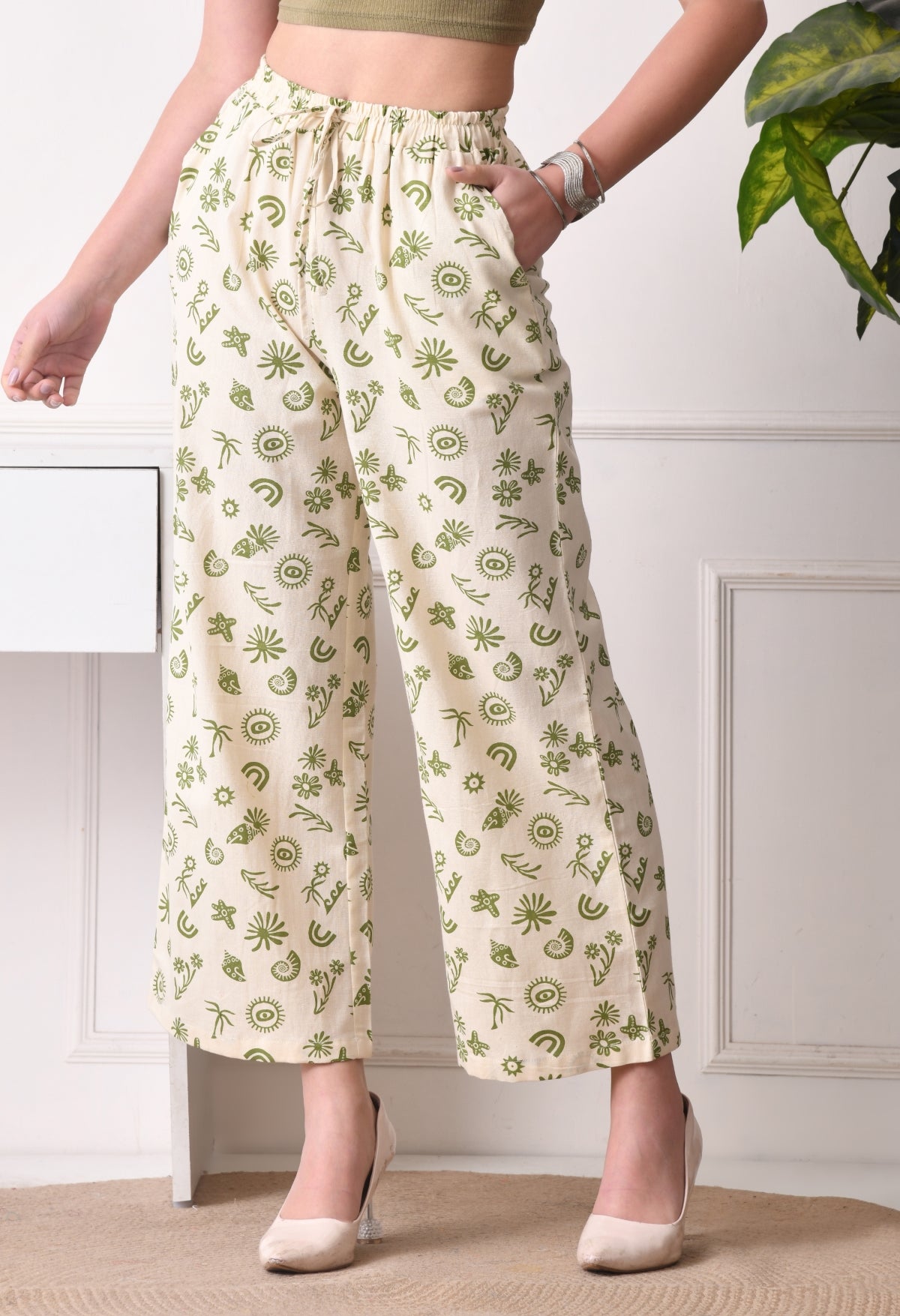 Women Loose Fit Cream Pure Cotton Trousers
