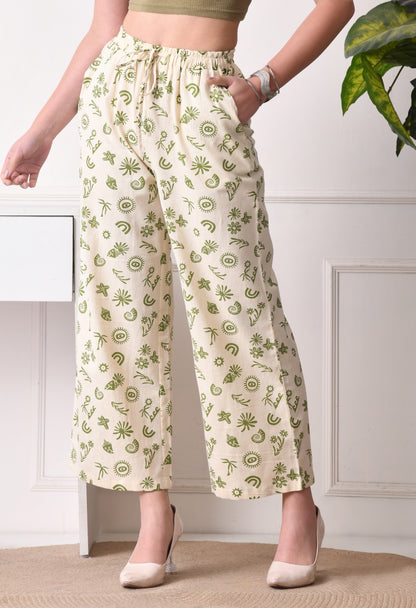 Women Loose Fit Cream Pure Cotton Trousers