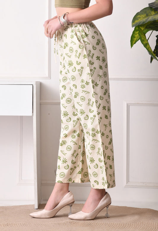 Women Loose Fit Cream Pure Cotton Trousers