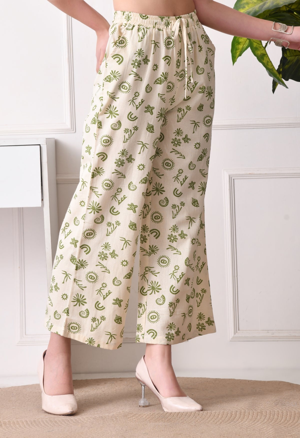 Women Loose Fit Cream Pure Cotton Trousers
