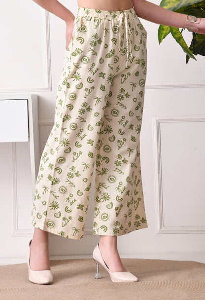 Women Loose Fit Cream Pure Cotton Trousers