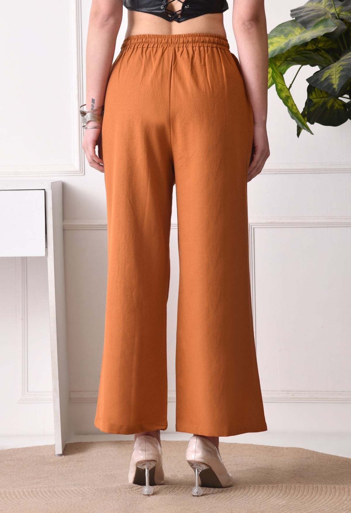 Women Loose Fit Brown Pure Cotton Trousers