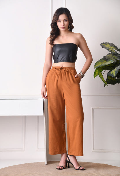 Women Loose Fit Brown Pure Cotton Trousers