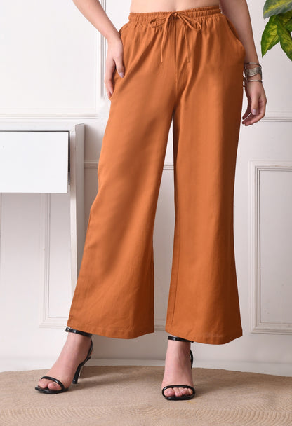 Women Loose Fit Brown Pure Cotton Trousers