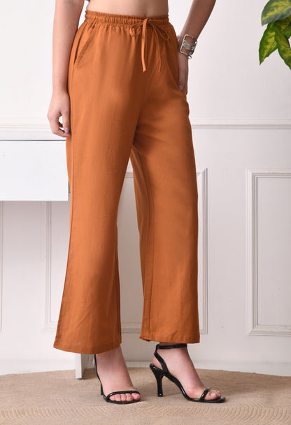 Women Loose Fit Brown Pure Cotton Trousers