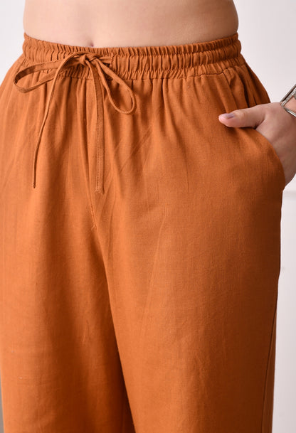 Women Loose Fit Brown Pure Cotton Trousers
