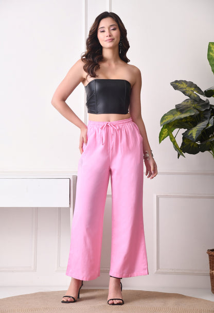Women Loose Fit Pink Pure Cotton Trousers