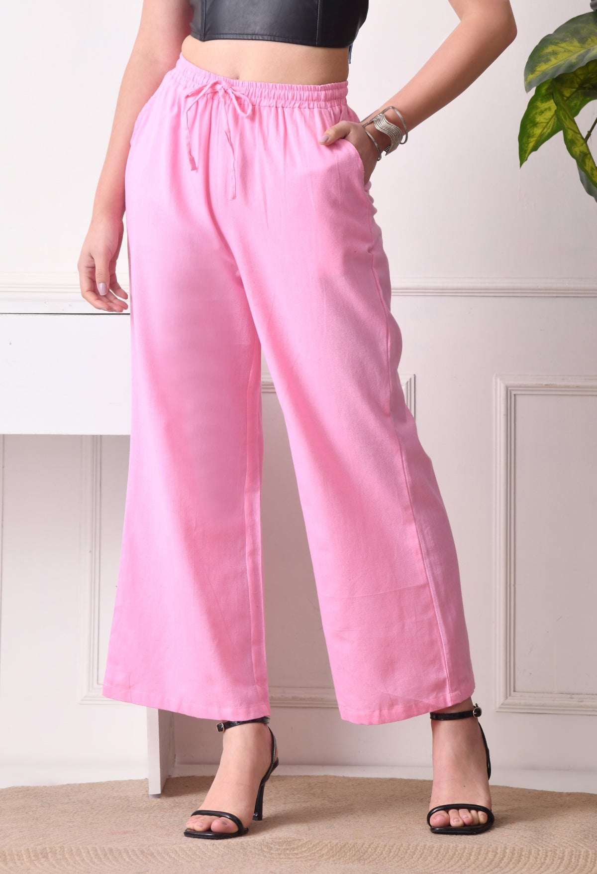 Women Loose Fit Pink Pure Cotton Trousers