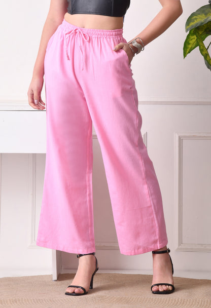 Women Loose Fit Pink Pure Cotton Trousers