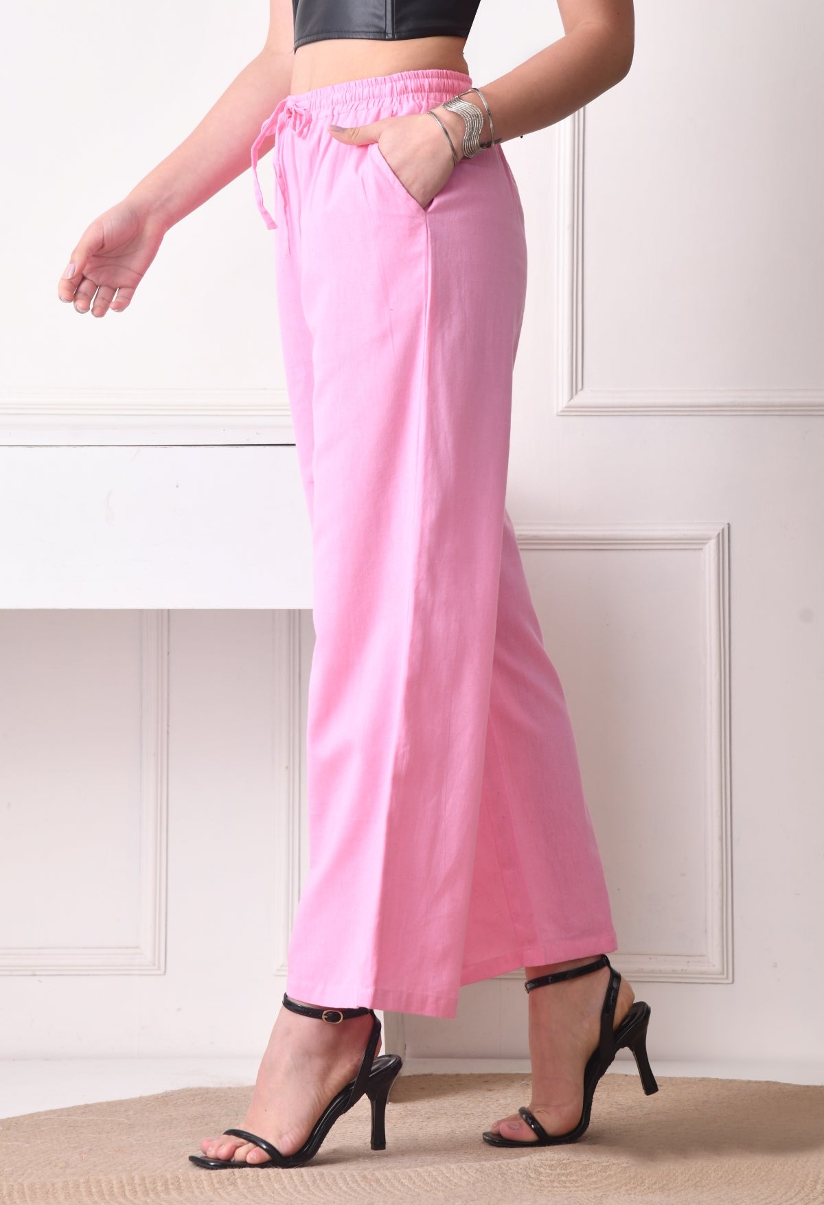 Women Loose Fit Pink Pure Cotton Trousers