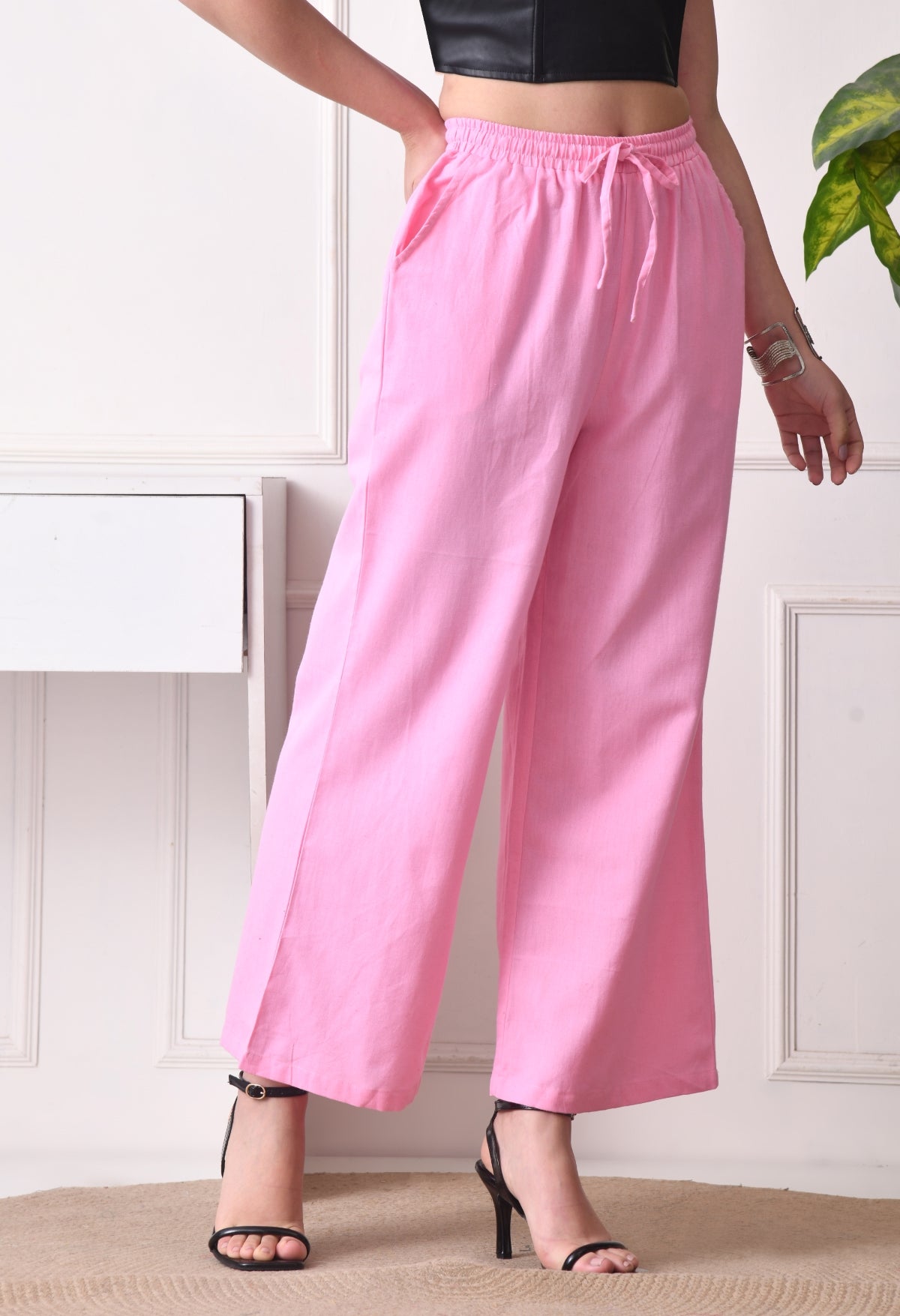 Women Loose Fit Pink Pure Cotton Trousers