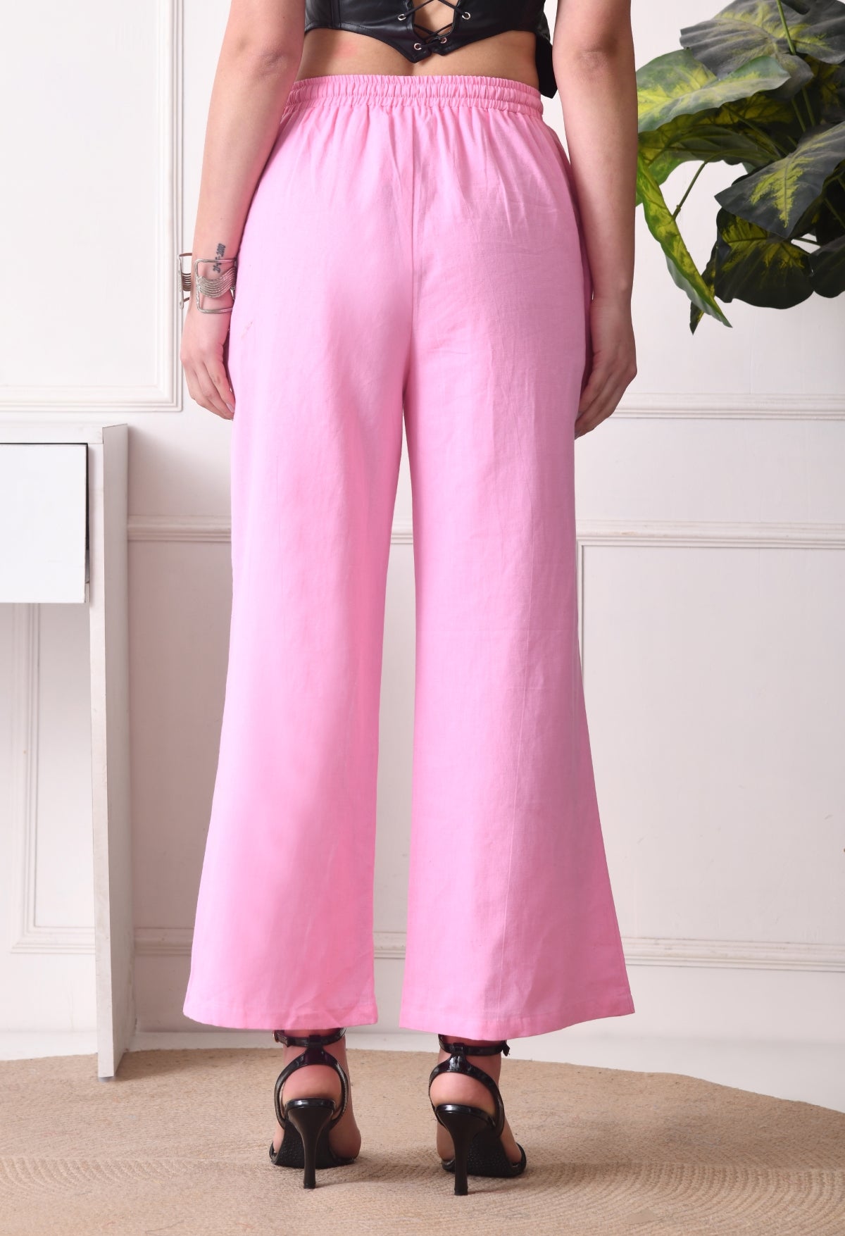 Women Loose Fit Pink Pure Cotton Trousers