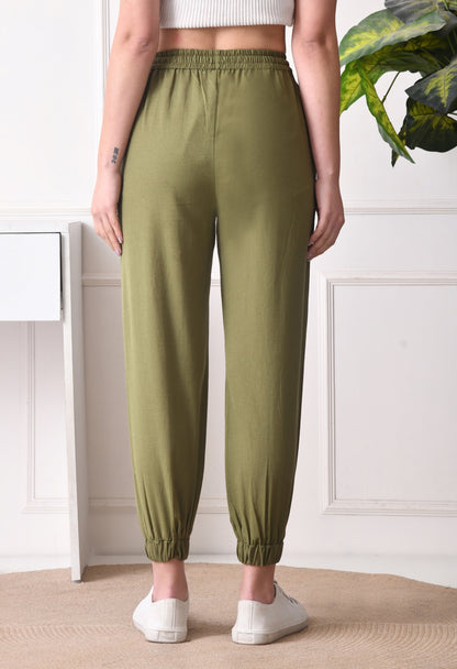 Women Relaxed Green Pure Cotton Trousers