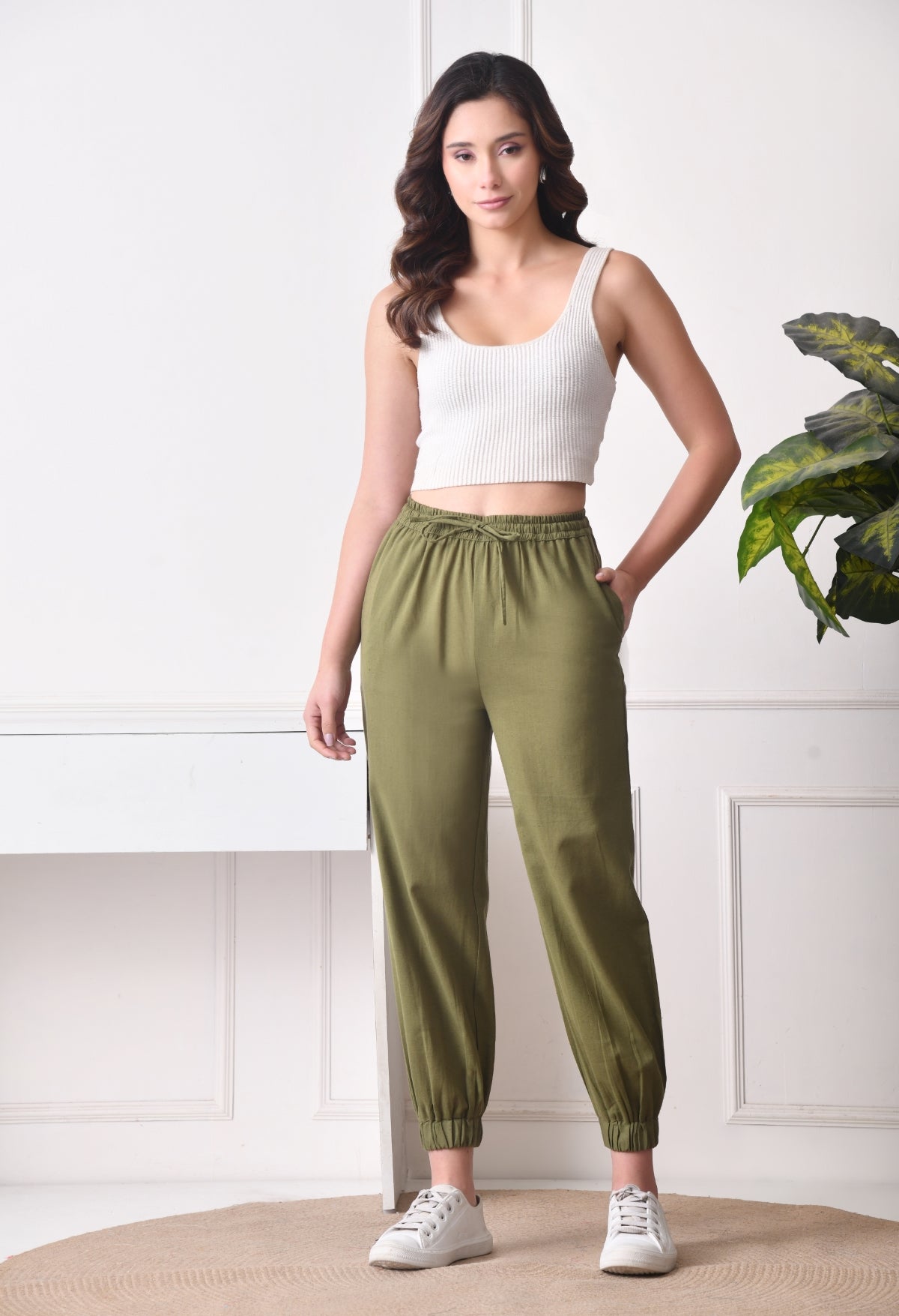 Women Relaxed Green Pure Cotton Trousers