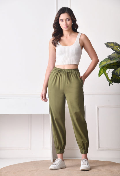 Women Relaxed Green Pure Cotton Trousers