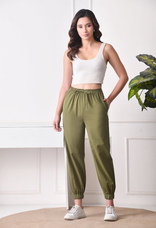 Women Relaxed Green Pure Cotton Trousers