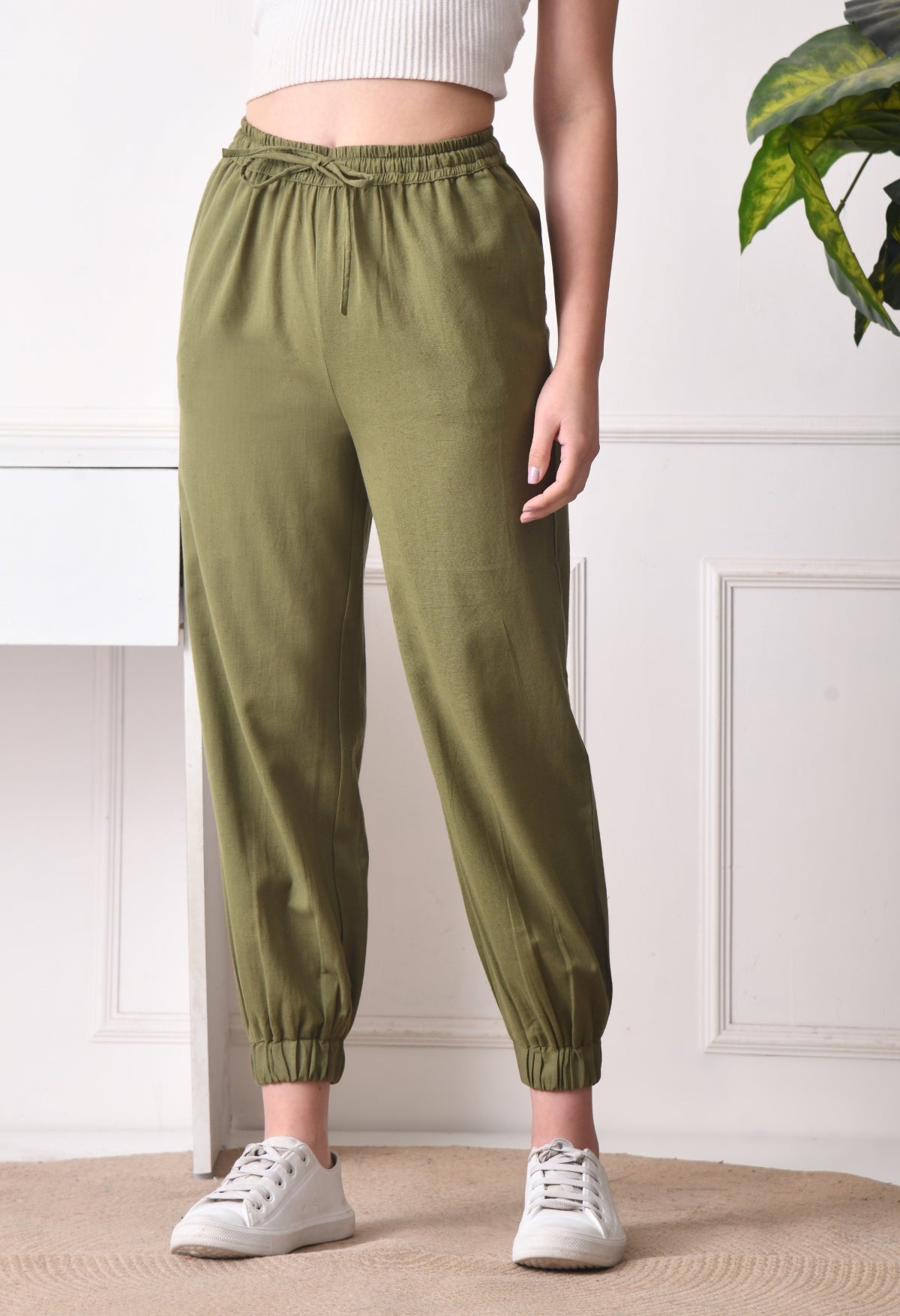 Women Relaxed Green Pure Cotton Trousers