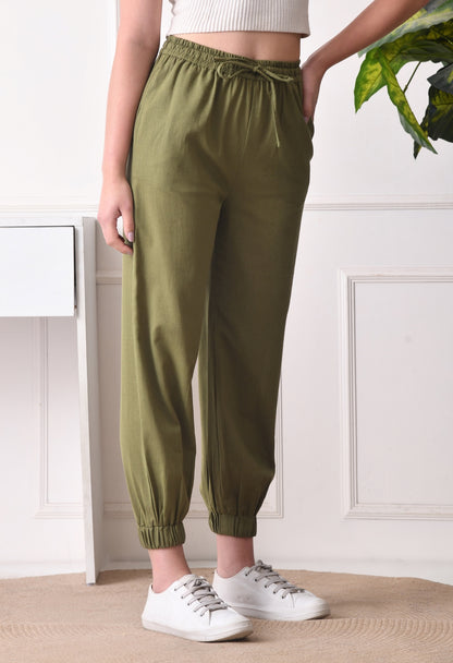 Women Relaxed Green Pure Cotton Trousers