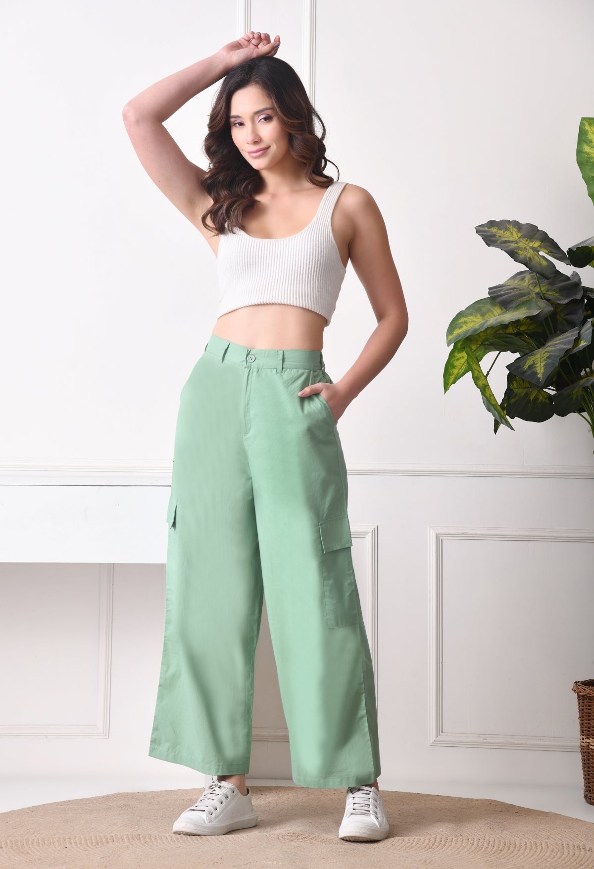 Women Relaxed Green Pure Cotton Trousers