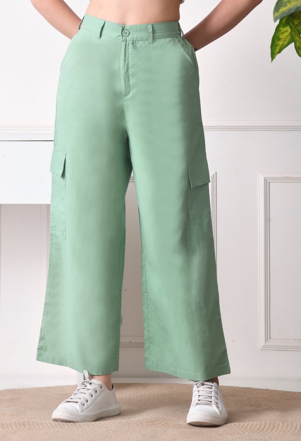 Women Relaxed Green Pure Cotton Trousers