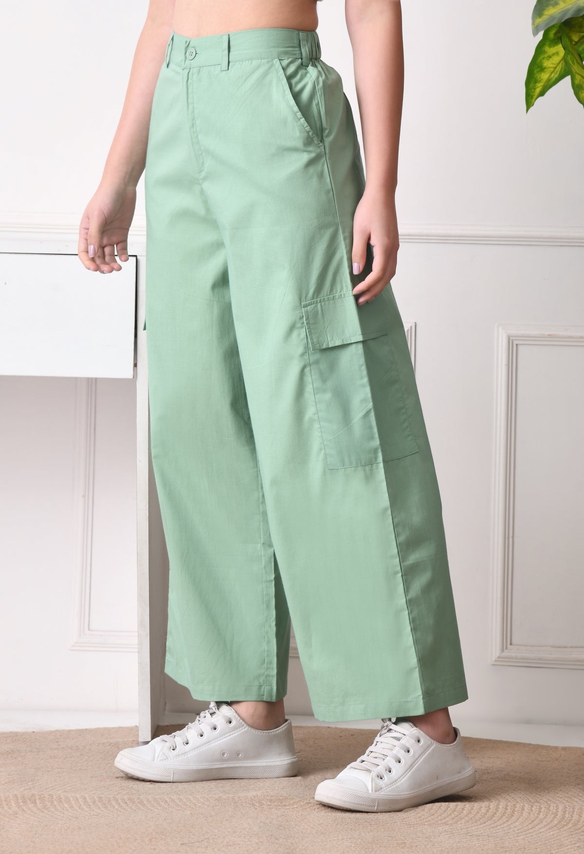 Women Relaxed Green Pure Cotton Trousers