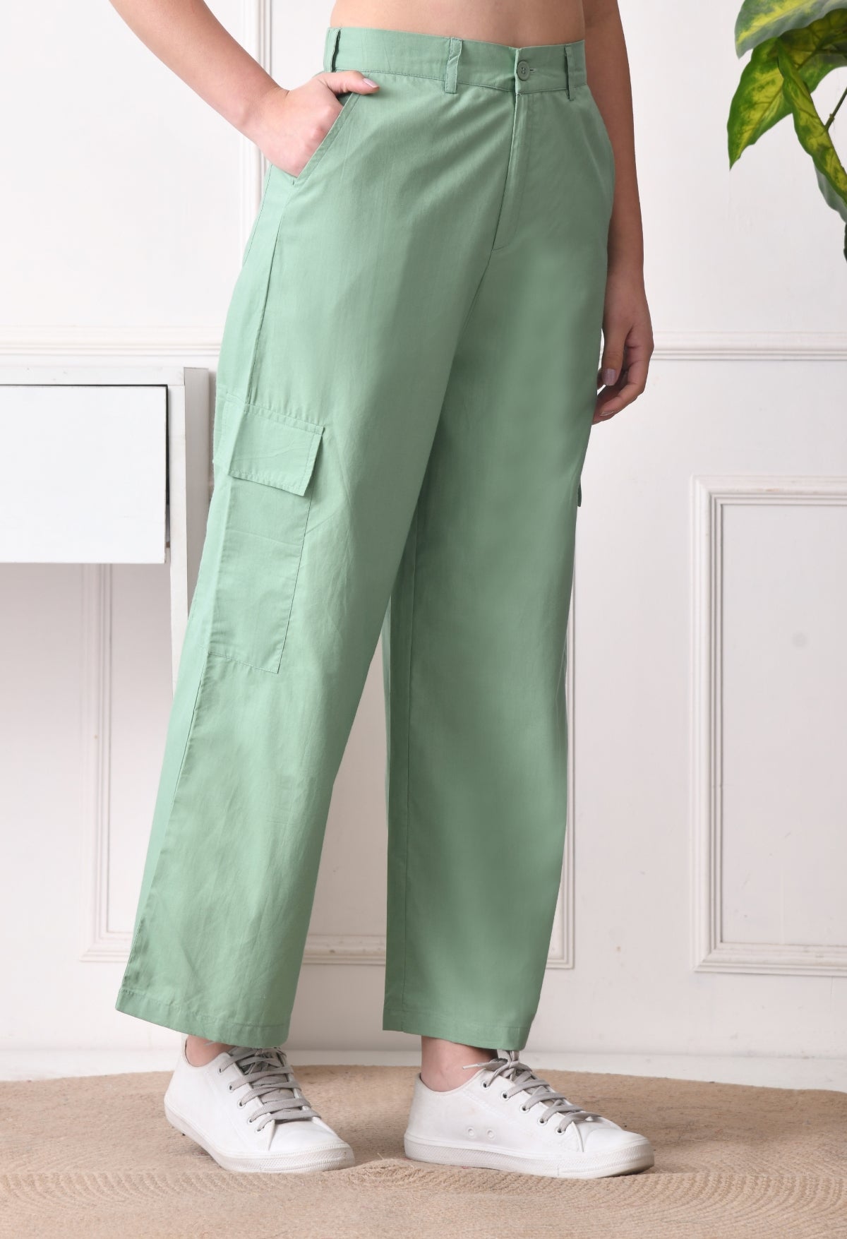 Women Relaxed Green Pure Cotton Trousers