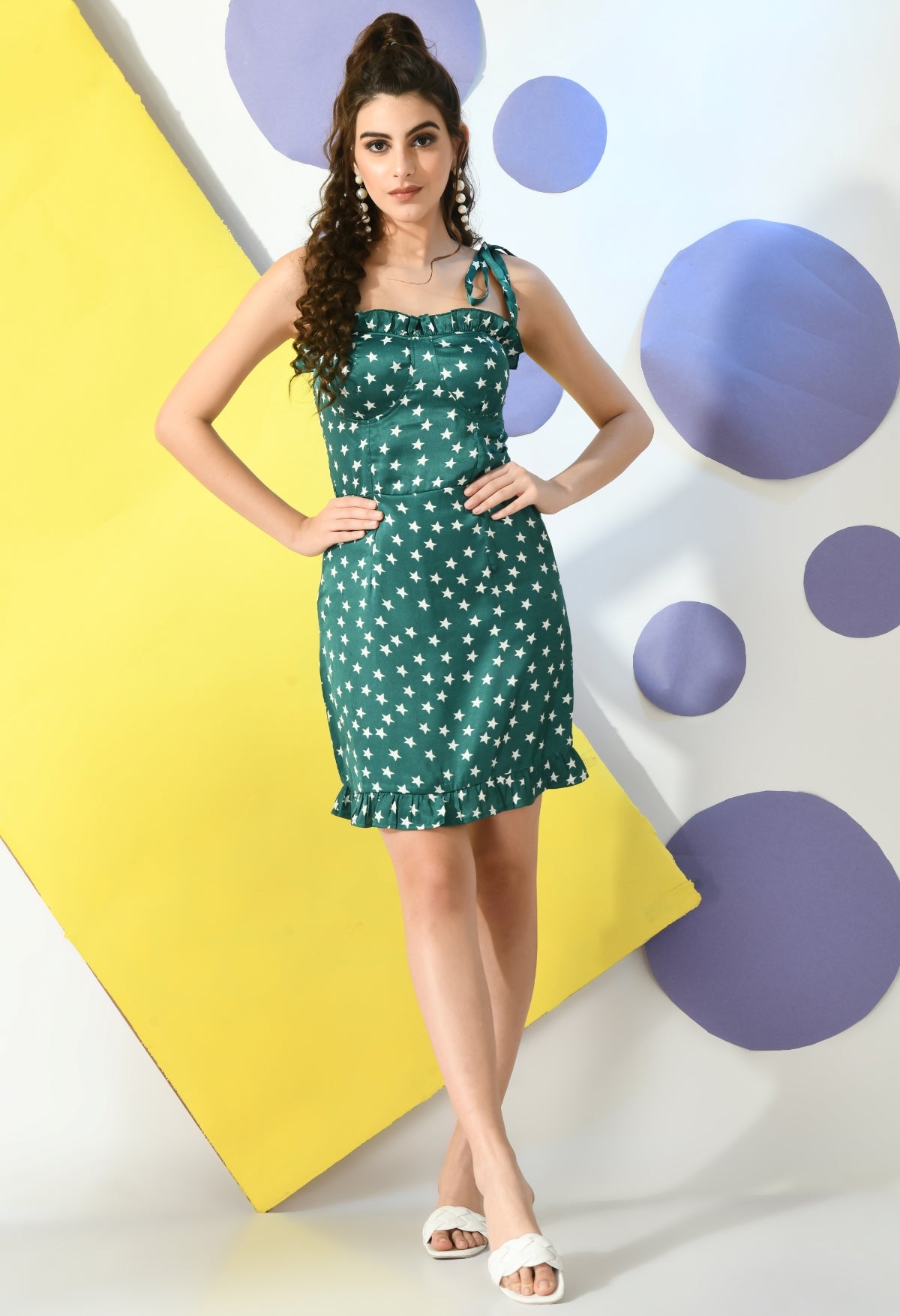 Women A-line Green, White Above Knee/Mid Thigh Length Dress