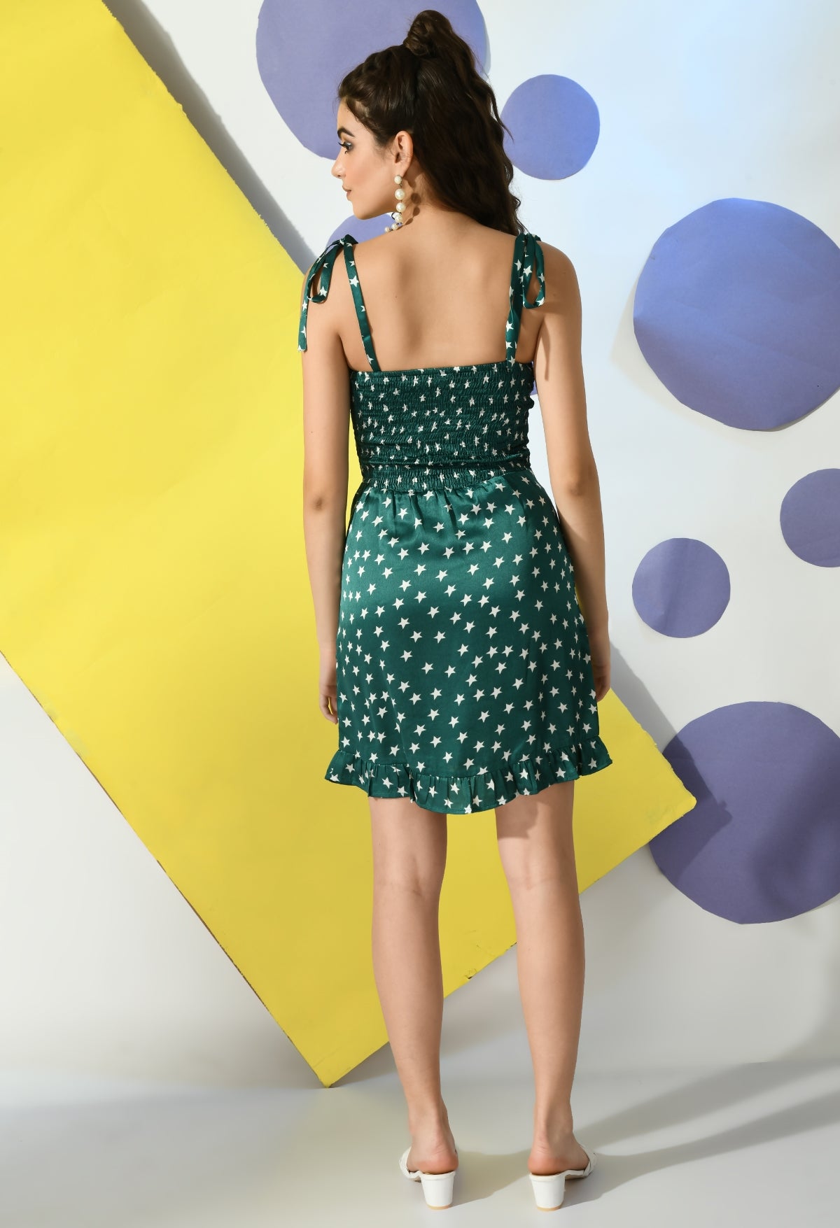 Women A-line Green, White Above Knee/Mid Thigh Length Dress