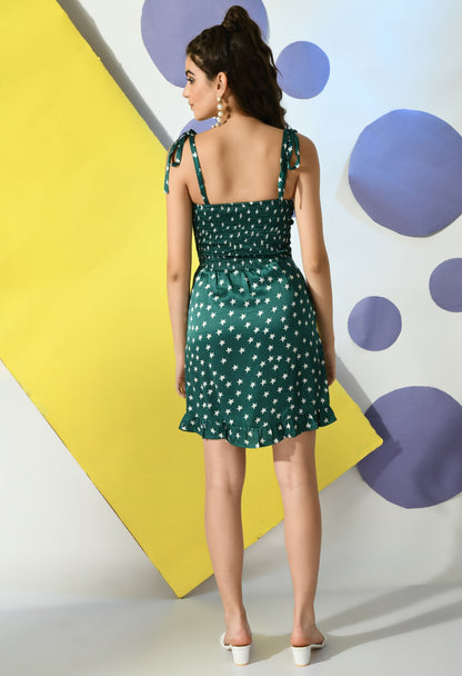 Women A-line Green, White Above Knee/Mid Thigh Length Dress