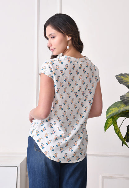 Casual Cap Sleeves Floral Print, Printed Women White Top