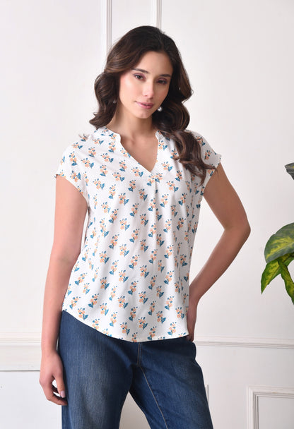 Casual Cap Sleeves Floral Print, Printed Women White Top