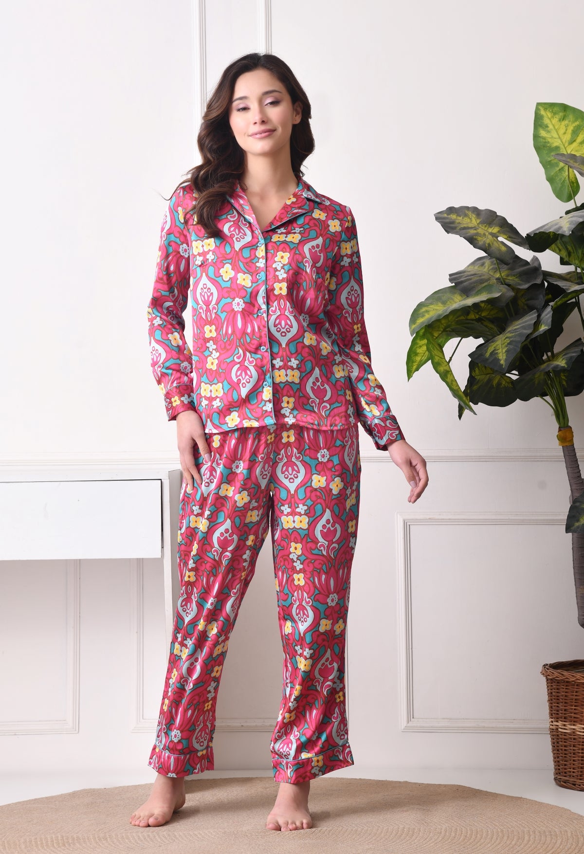 Women Shirt & Pyjama set Pink Printed