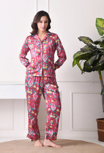 Women Shirt & Pyjama set Pink Printed