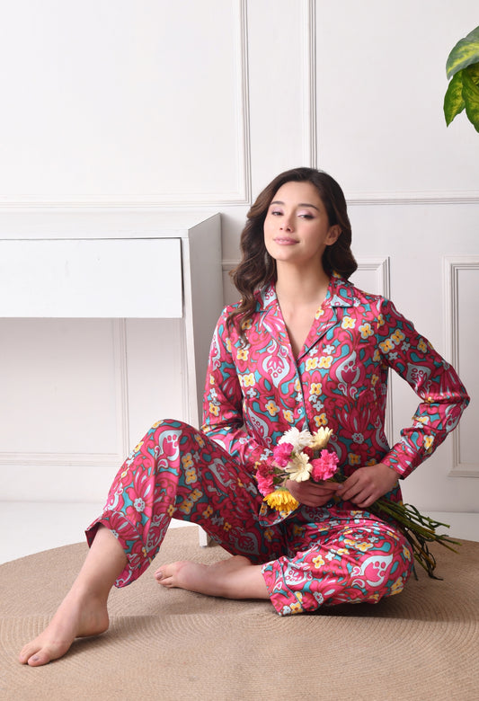 Women Shirt & Pyjama set Pink Printed