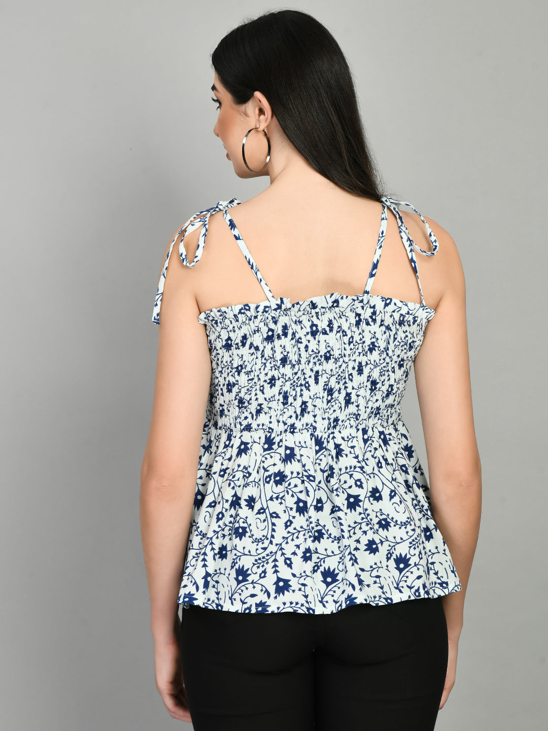 Casual Noodle Straps Printed Women Blue Top