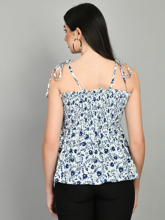 Casual Noodle Straps Printed Women Blue Top