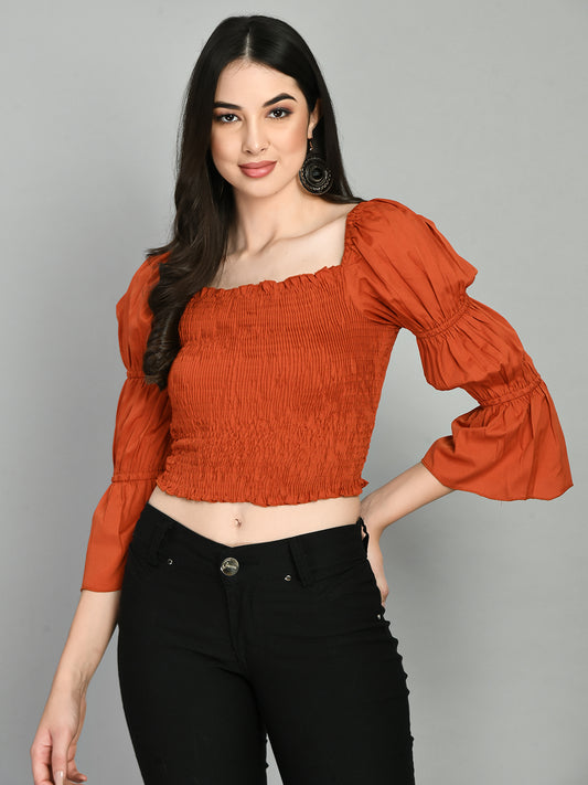 Casual Puff Sleeves Solid Women Brown Top