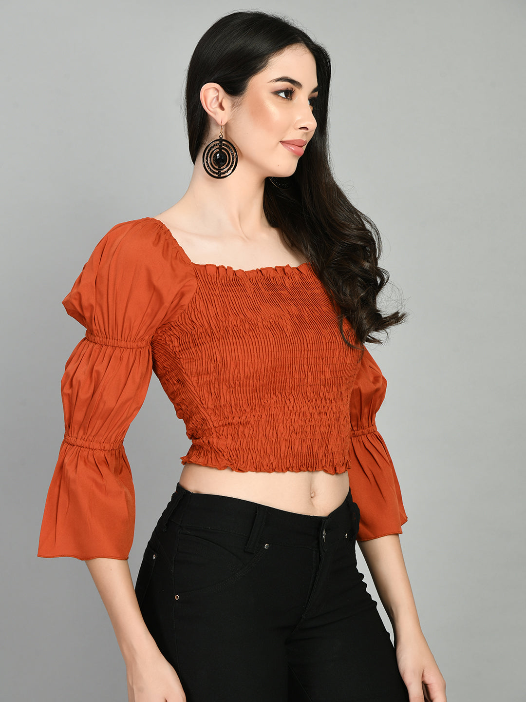 Casual Puff Sleeves Solid Women Brown Top