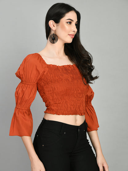 Casual Puff Sleeves Solid Women Brown Top