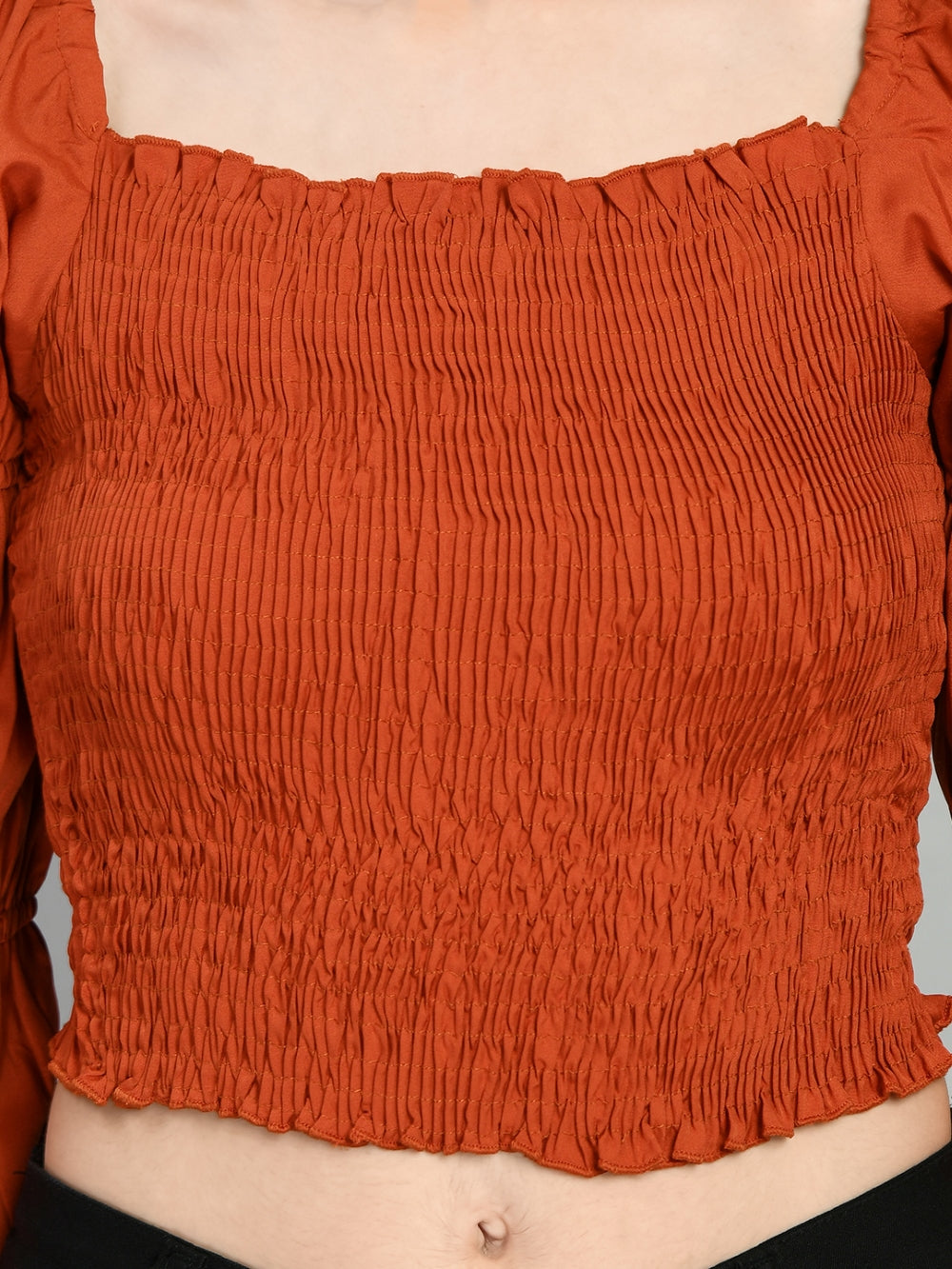 Casual Puff Sleeves Solid Women Brown Top